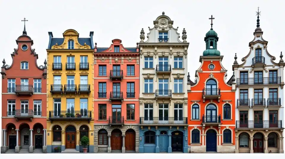 Collage de façades représentatives de Barcelone, Berlin, Bruxelles, Bombay, Boston