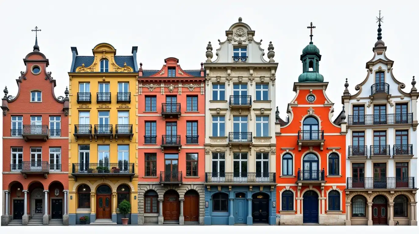 Collage de façades représentatives de Barcelone, Berlin, Bruxelles, Bombay, Boston