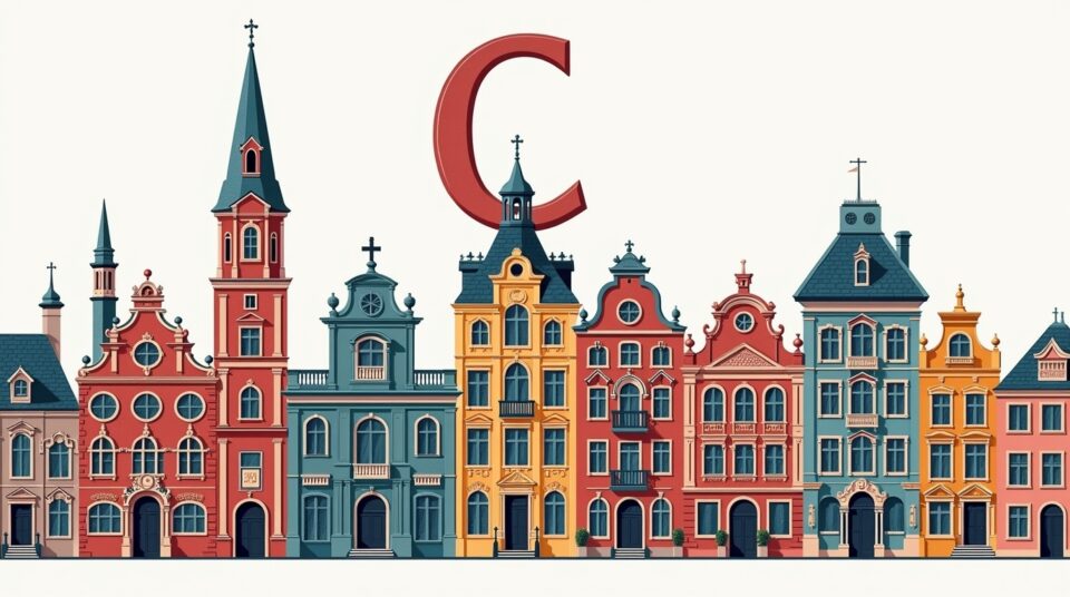 Composition de façades représentant des villes commençant par 'C'
