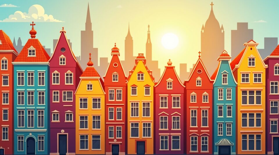 Façades colorées d'édifices représentant des villes commençant par 'G'