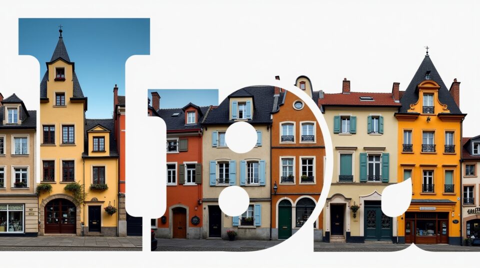Collage artistique de façades symbolisant les plus belles villes commençant par la lettre I