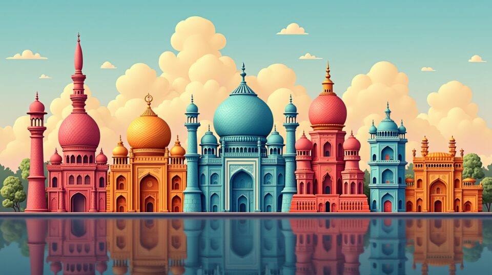 Montage d'impressionnantes façades de Jakarta, Johannesburg, Jérusalem et Jaipur au coucher du soleil