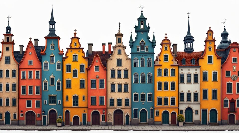 Mosaïque de façades colorées des villes commençant par O
