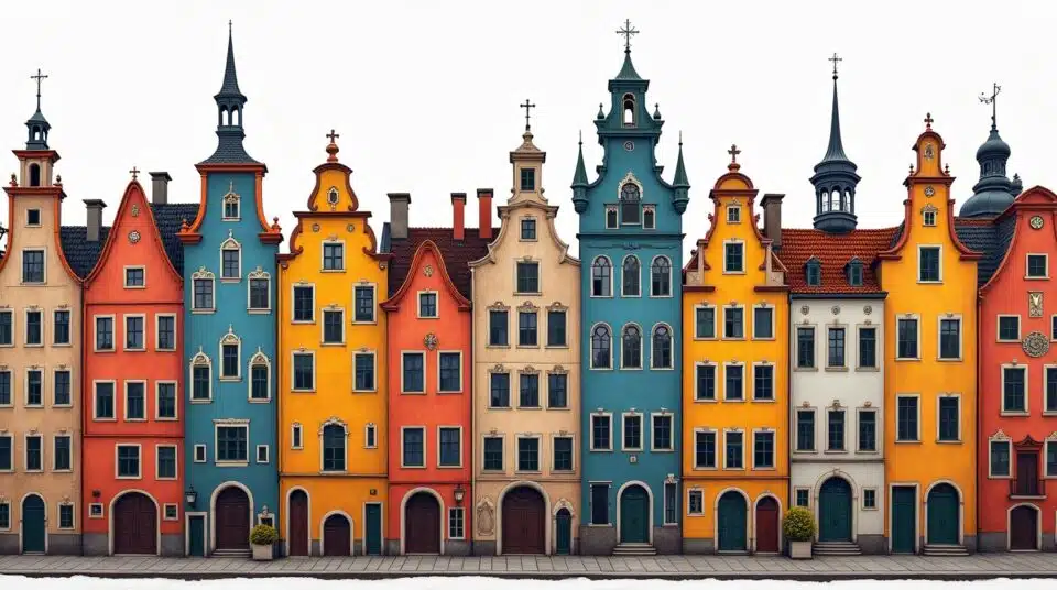 Mosaïque de façades colorées des villes commençant par O