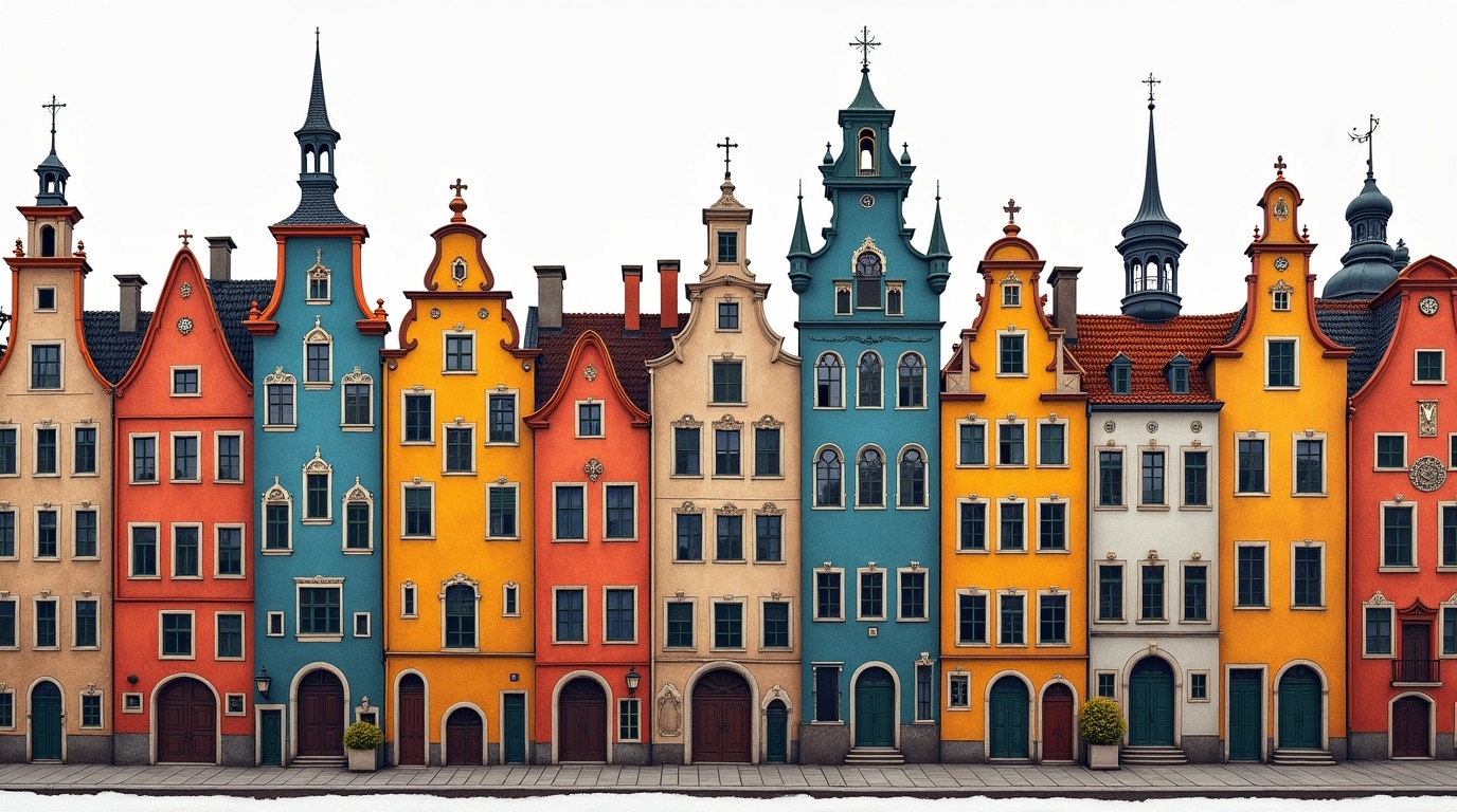 Mosaïque de façades colorées des villes commençant par O