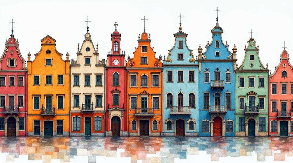 Mosaïque graphique de façades colorées de villes à la lettre 'Q'