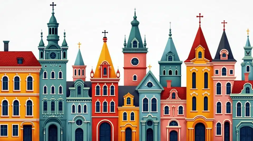Mosaïque de façades de villes en T