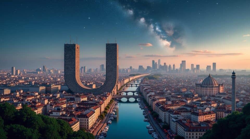Panorama des plus belles villes commençant par la lettre U, avec des architectures diverses sous ciel étoilé.