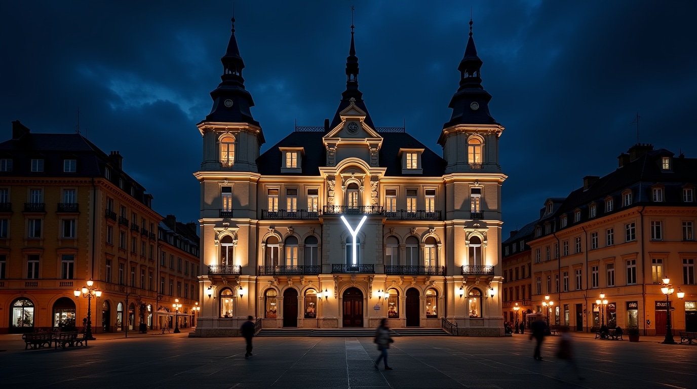 Façade de nuit d'une ville en 'Y', illumination artistique