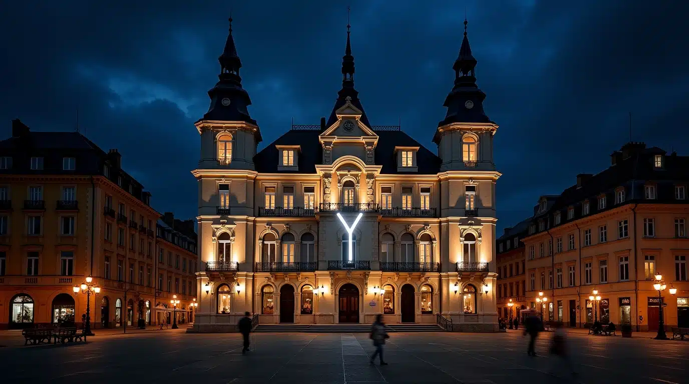 Façade de nuit d'une ville en 'Y', illumination artistique
