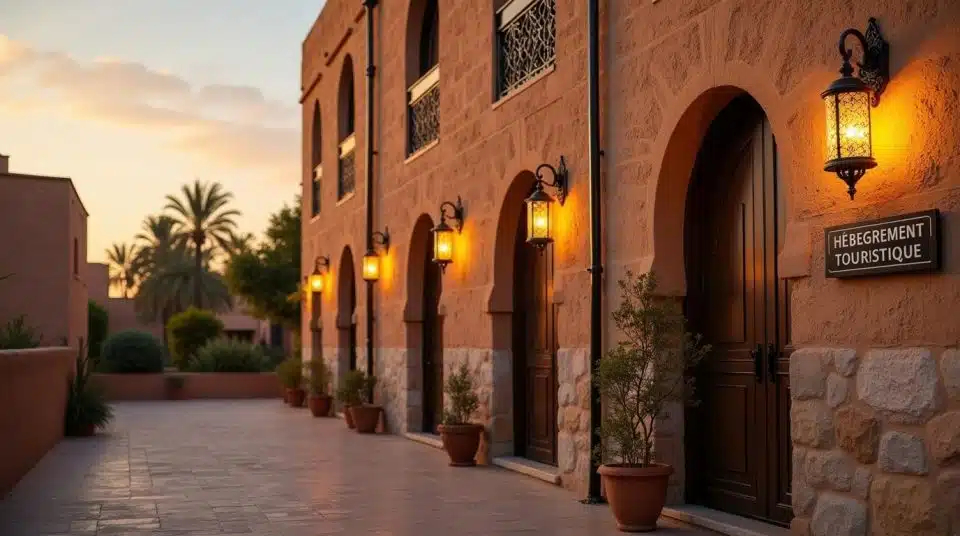 Façade traditionnelle d'un hébergement touristique à Alger au coucher du soleil