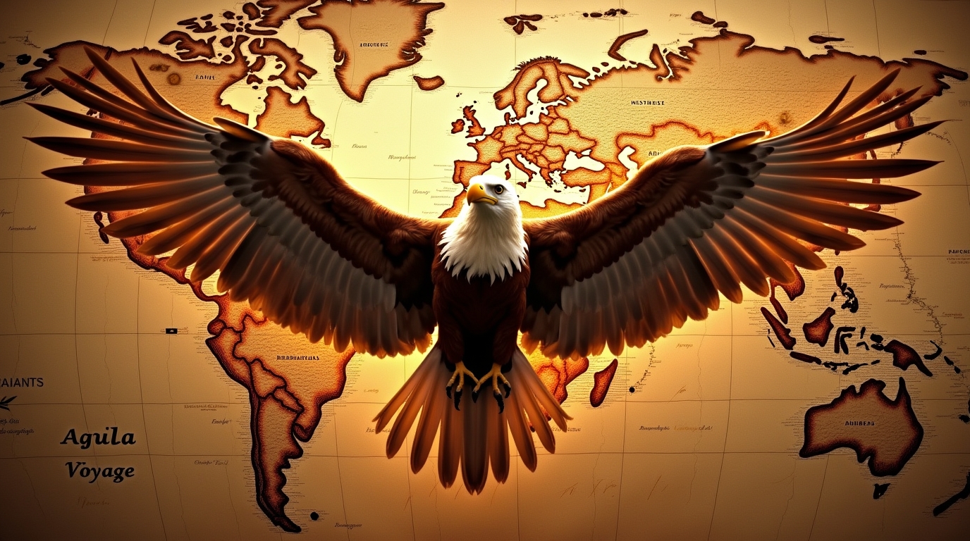 Aigle Aguila survolant une carte du monde, symbole de voyage et d'aventure