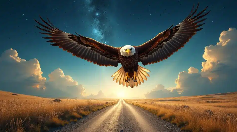 Aigle volant au-dessus d'une route sinueuse, symbolisant un voyage solitaire Aguila Onestrip
