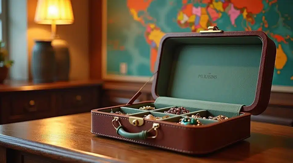 Boîte à bijoux de voyage ouverte, montrant une organisation interne, sur fond de carte du monde