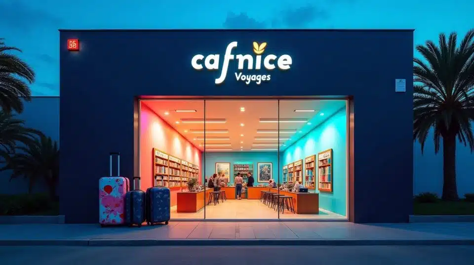Façade colorée de l'agence Cafnice Voyages, sous un ciel bleu