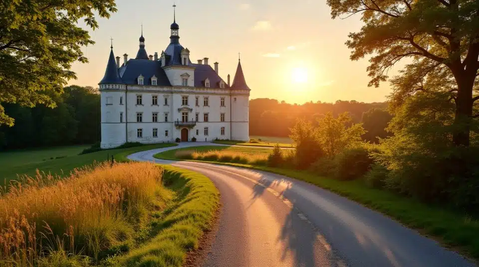 Château de la Loire avec route sinueuse, signalisation, cadre naturel, évoquant un circuit de 5 jours