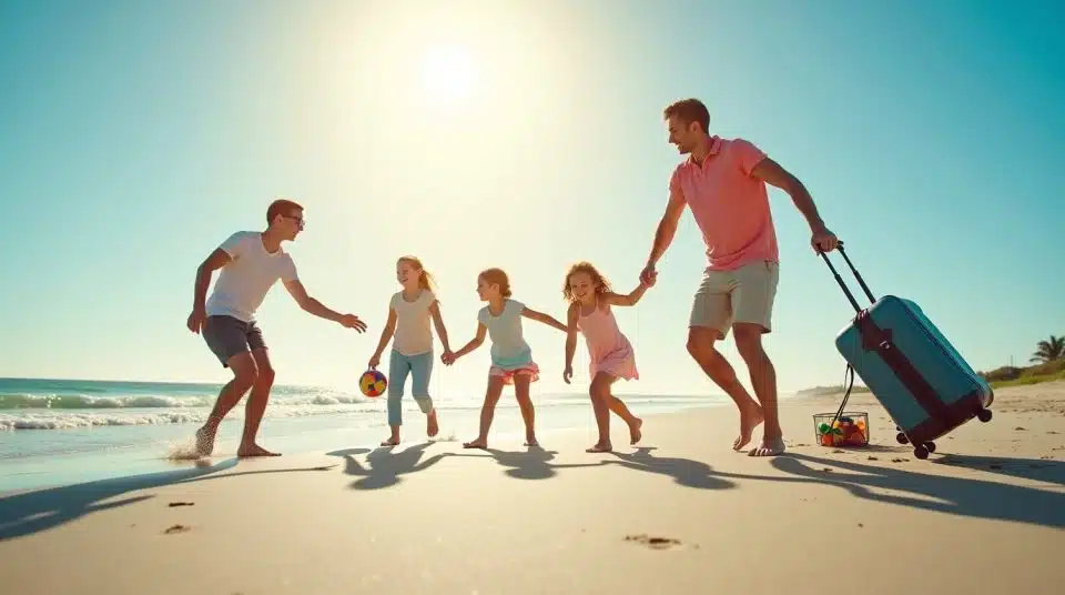 Famille relevant des défis en jouant à un jeu de société sur la plage lors de leurs vacances