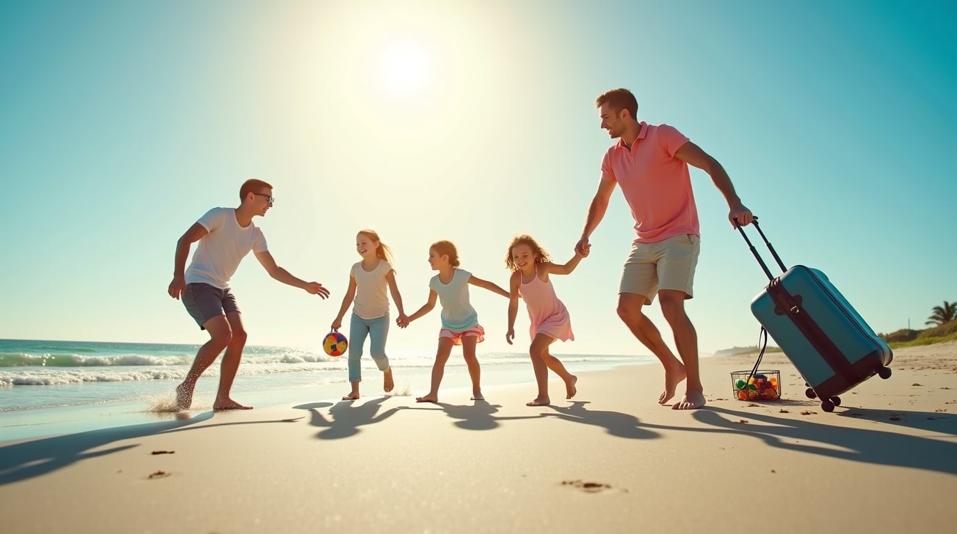 Famille relevant des défis en jouant à un jeu de société sur la plage lors de leurs vacances