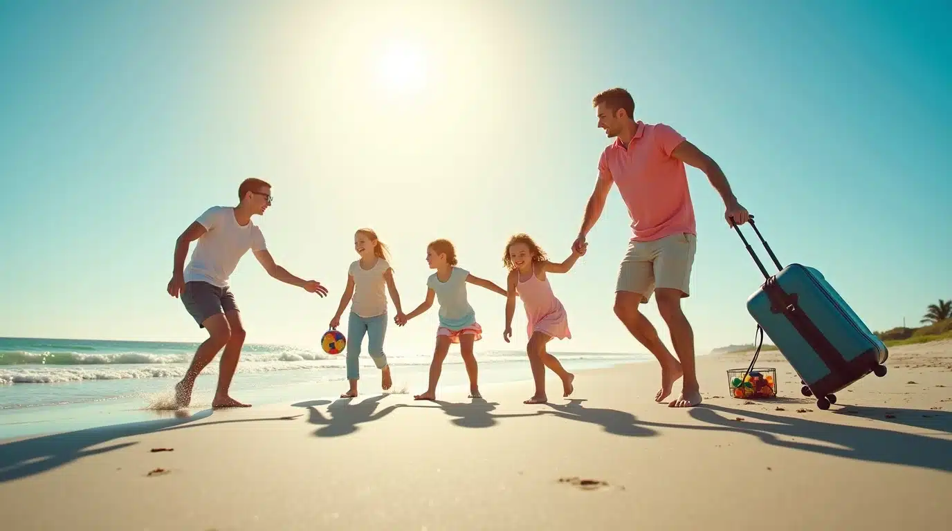 Famille relevant des défis en jouant à un jeu de société sur la plage lors de leurs vacances