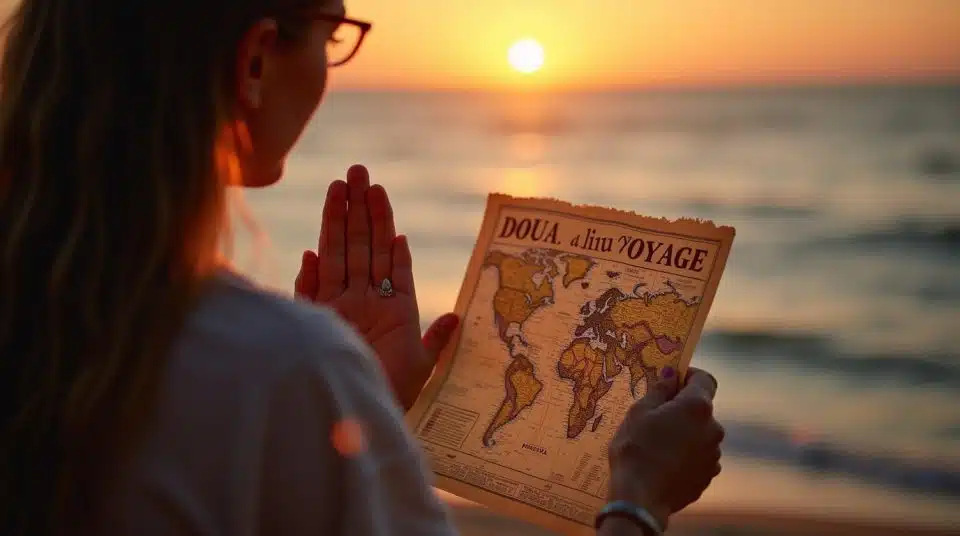 Personne en prière, carte de voyage, couleurs coucher de soleil, titre Doua du Voyage