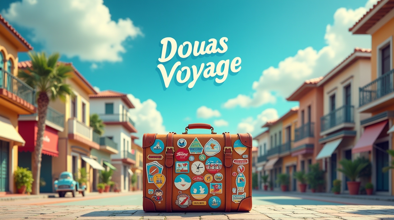 Paysage urbain exotique, valise centrée avec stickers internationaux, texte 'Douas Voyage' en haut