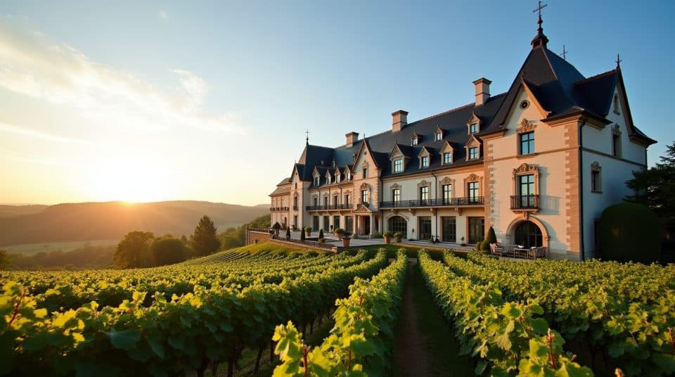Photo de la façade d'un hôtel spa luxueux en Bourgogne, entouré de vignobles sous le ciel bleu