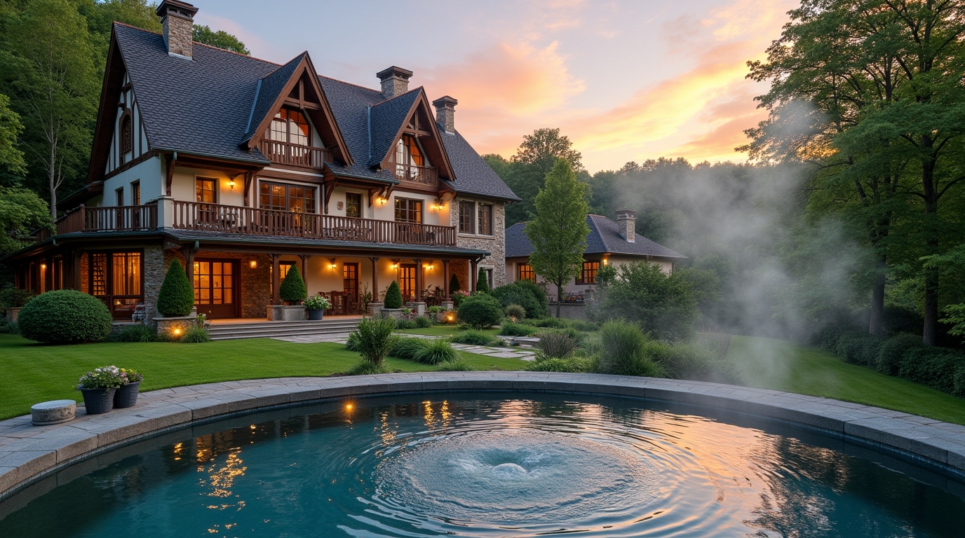 Façade d'un hôtel de luxe en Normandie, spa extérieur chauffé avec vapeur montante
