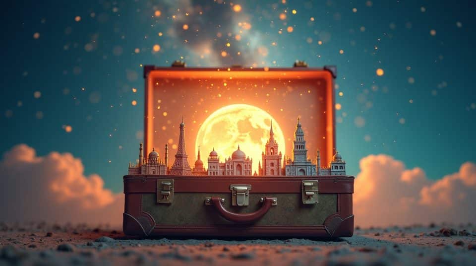 Valise ouverte avec vortex d'invocation aux destinations mondiales, ciel étoilé et aura lumineuse.