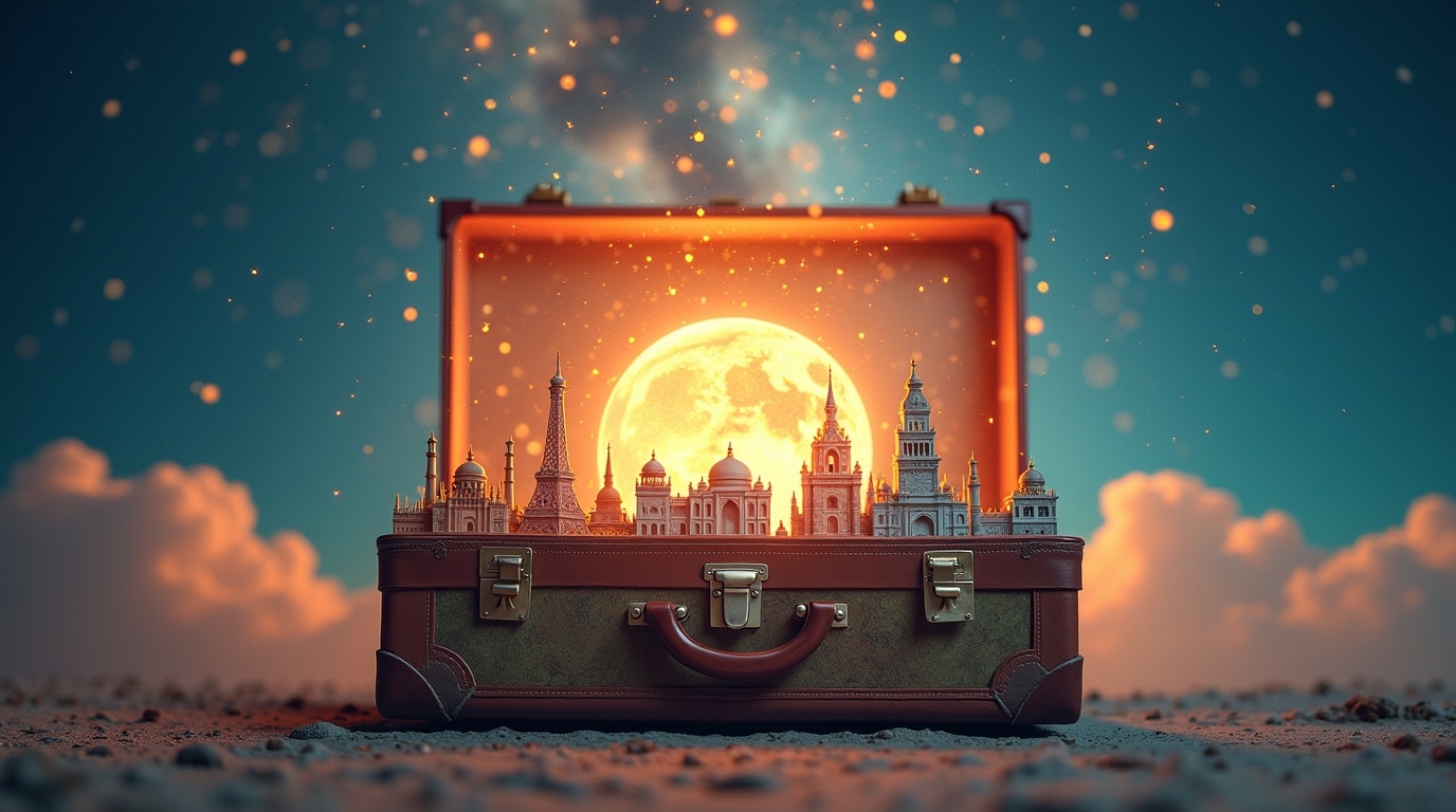 Valise ouverte avec vortex d'invocation aux destinations mondiales, ciel étoilé et aura lumineuse.