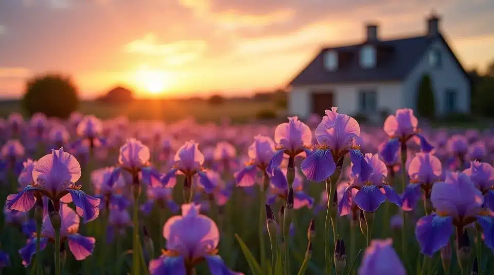 Champ d'iris en floraison, maison de vacances en arrière-plan