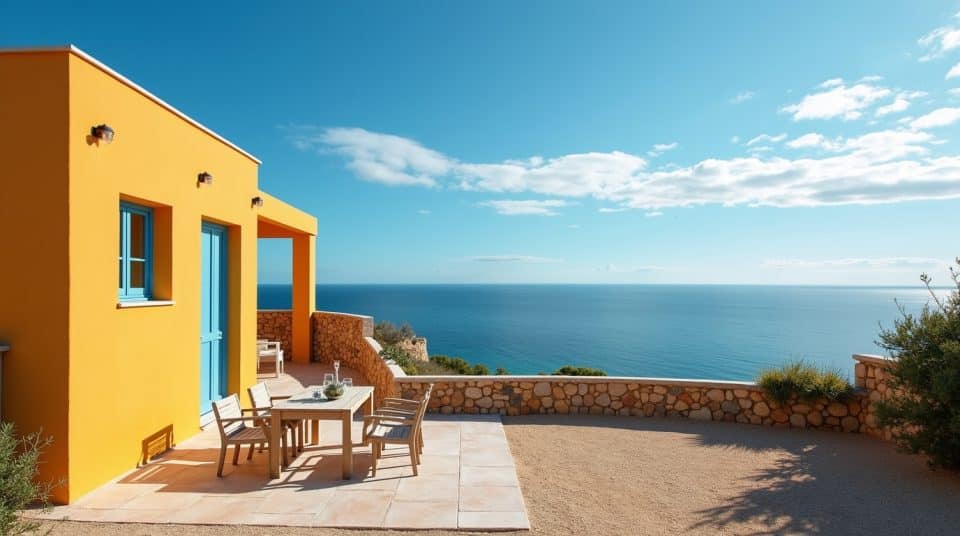 Façade colorée de maison de vacances à Sète avec vue sur la Méditerranée.