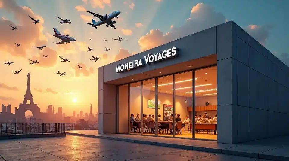 Façade de Moreira Voyages avec valises, avions et symboles de monuments