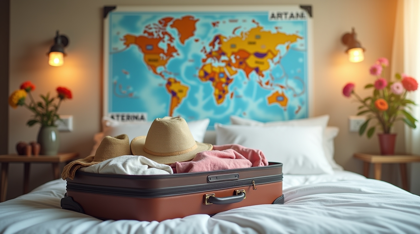 Valise ouverte avec équipement de vacances, carte du monde en arrière-plan