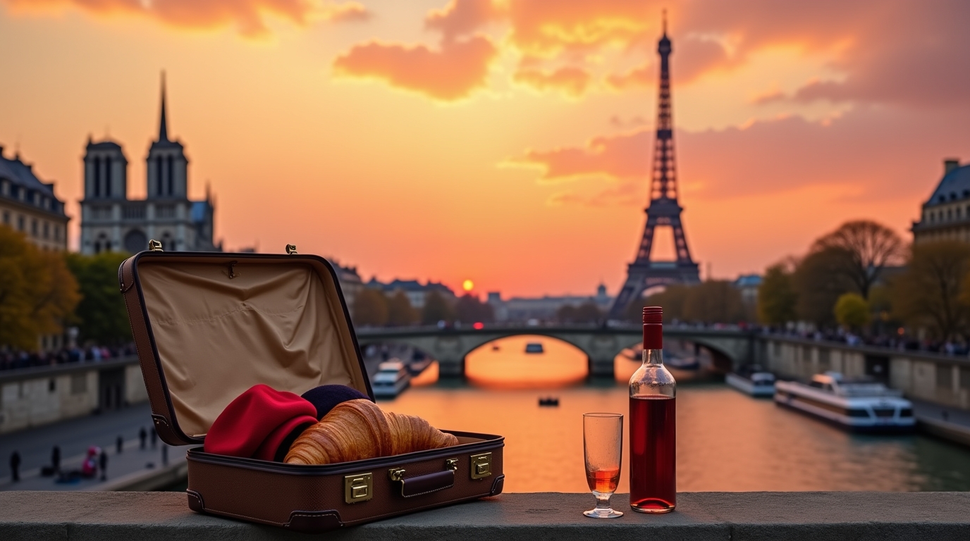 Vue pittoresque de la Rive Gauche au coucher du soleil, valise de voyage en premier plan évoquant Paris.