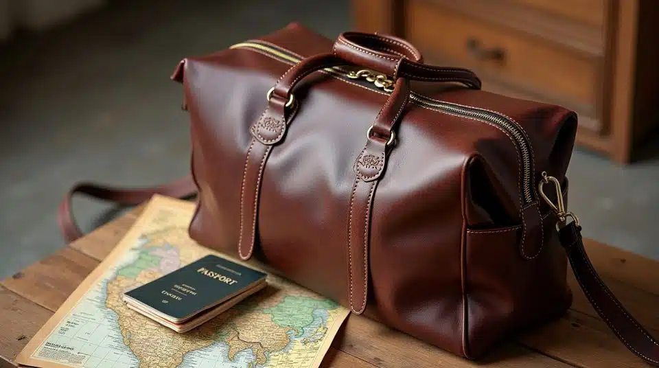 Sac de voyage en cuir marron sur sol rustique avec passeport et carte du monde