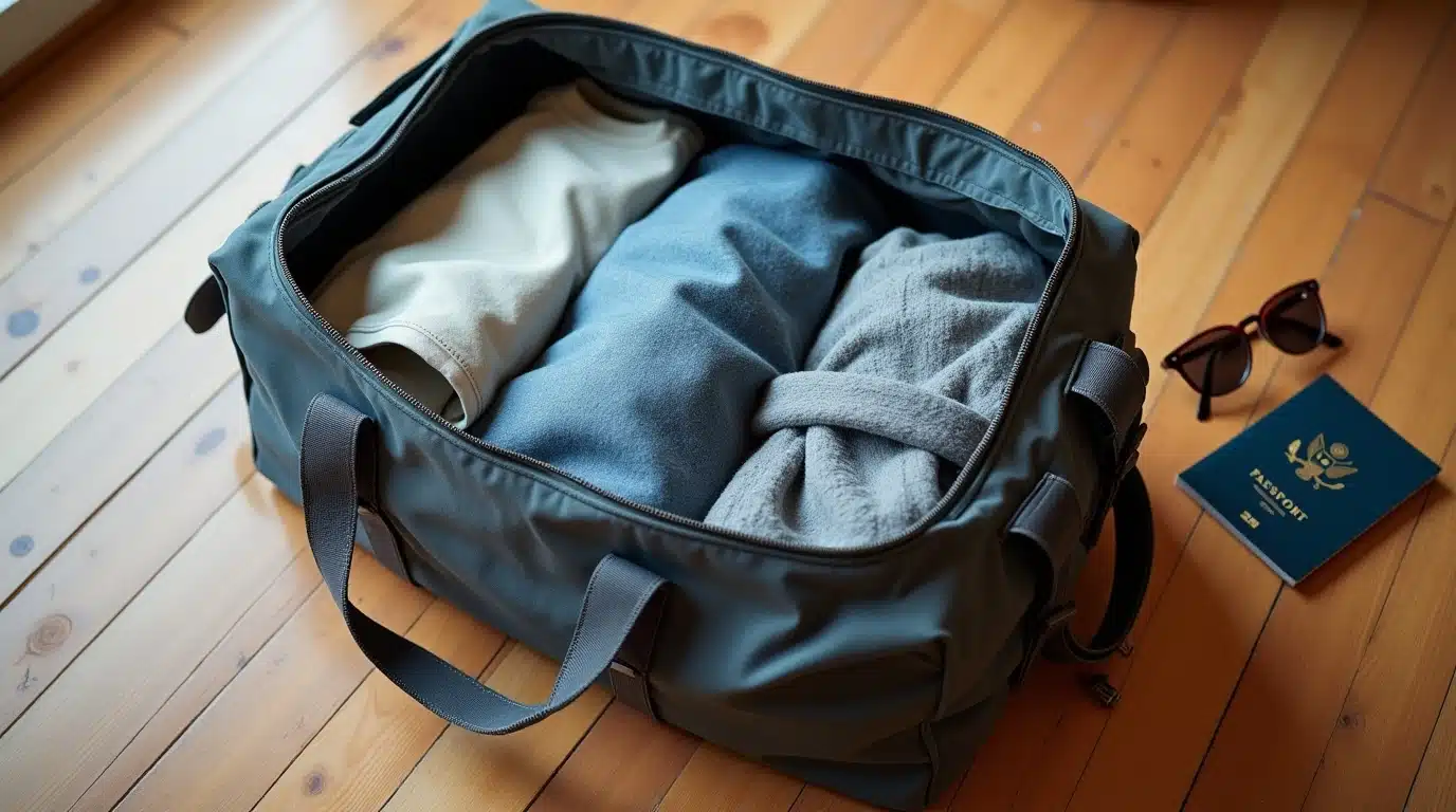Sac de voyage pliable, prêt pour l'aventure, avec passeport et lunettes de soleil