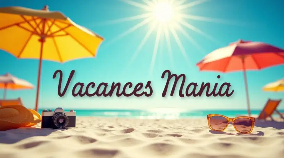 Plage ensoleillée avec parasols colorés, mallette à la main contenant des accessoires de vacances