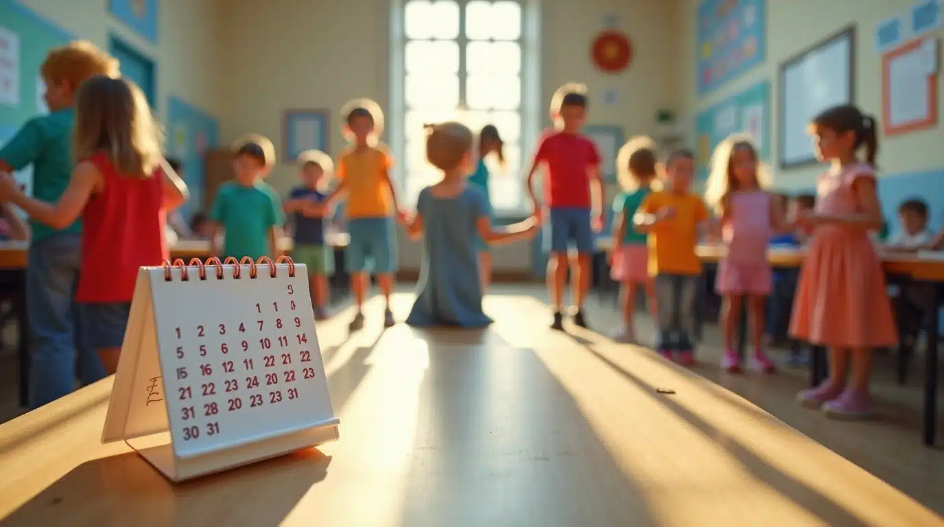 Enfants jouant dans une cour d'école en Allemagne avec un calendrier de vacances scolaires