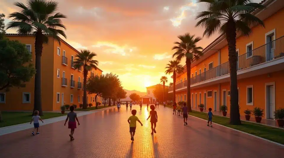 École espagnole au coucher de soleil marquant le début des vacances scolaires