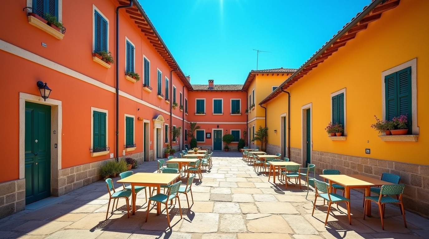 Cour d'école italienne colorée, calme pendant les vacances scolaires