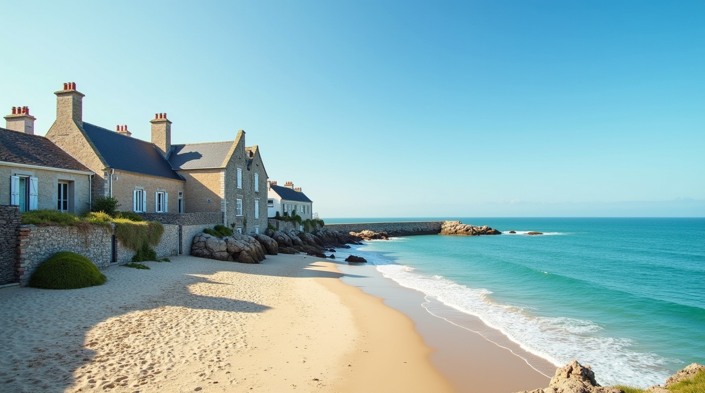 Vue panoramique d'un village vacances pittoresque en Bretagne avec plage au premier plan