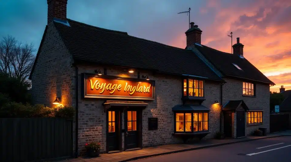 Façade d'un bâtiment rustique anglais, enseigne 'Voyage Inglard', ciel de coucher de soleil