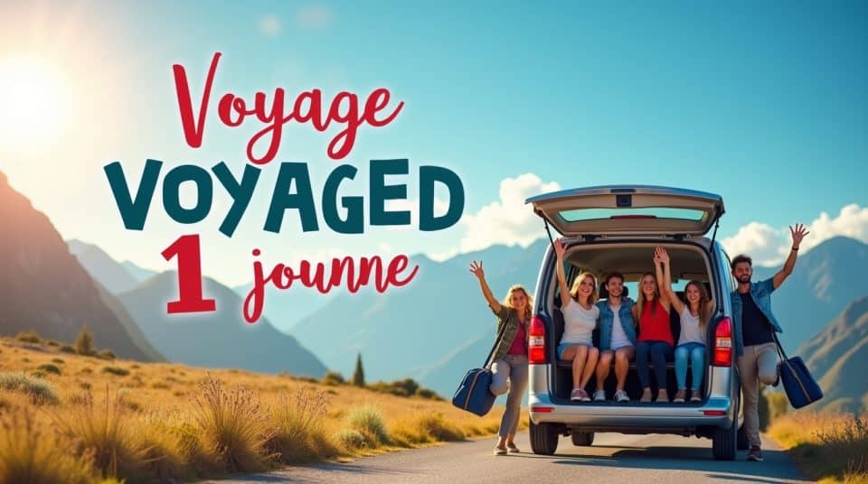 Groupe de voyageurs prêts pour une excursion d'une journée en autocar avec paysage montagneux ensoleillé en arrière-plan