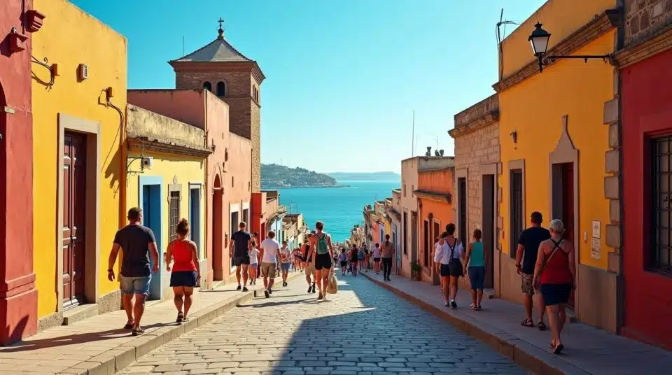 Rue colorée d'Oran avec panorama de la mer, touristes et citoyens locaux.