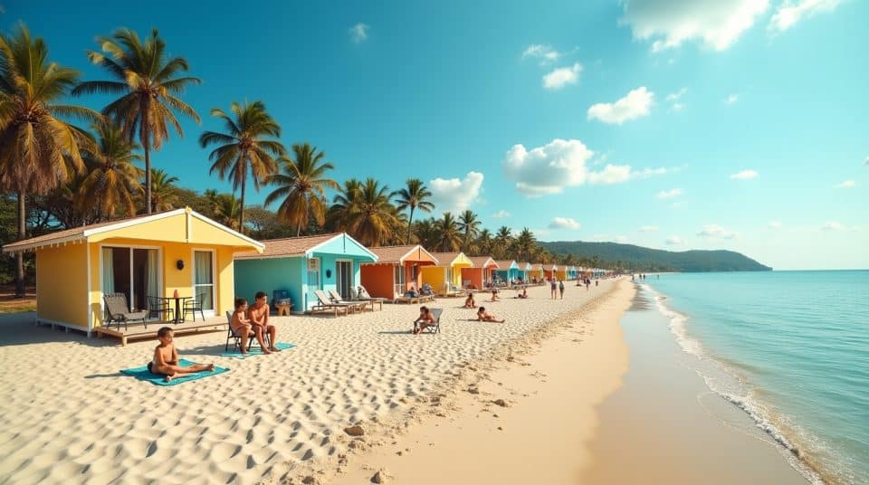 Village de vacances en bord de mer avec bungalows colorés pour des vacances relaxantes.